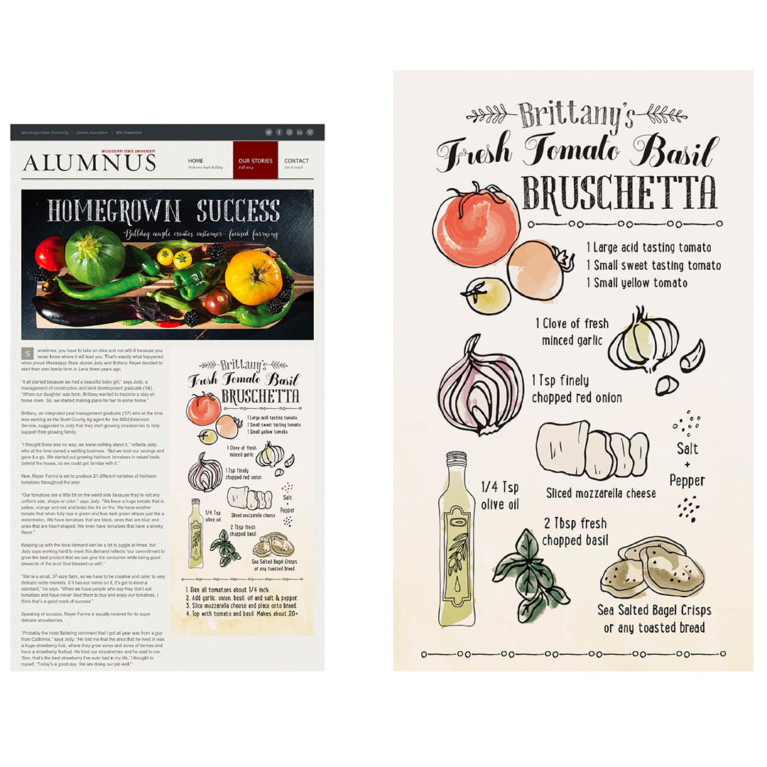 Side bar illustration of Fresh Tomato Basil Bruschetta for a story in Alumnus, displayed in print and online by Hayley Gilmore